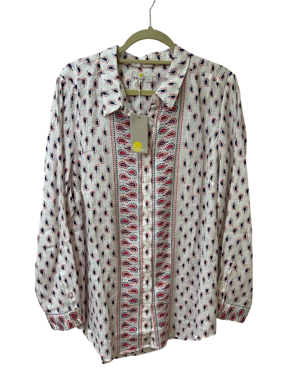 NWT Boden White Button-Up Blouse with Red & Navy Paisley Print size 16/18